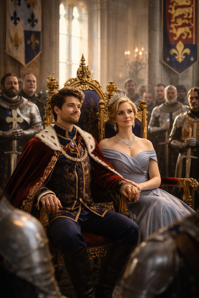 Ein König und eine Königin sitzen händchenhaltend auf prunkvollen Thronen in einer großen Halle. Neben ihnen stehen respektvoll ein Herzog und eine Herzogin, während Ritter und Fahnen die majestätische Kulisse füllen. | adelstitel-kaufen.com