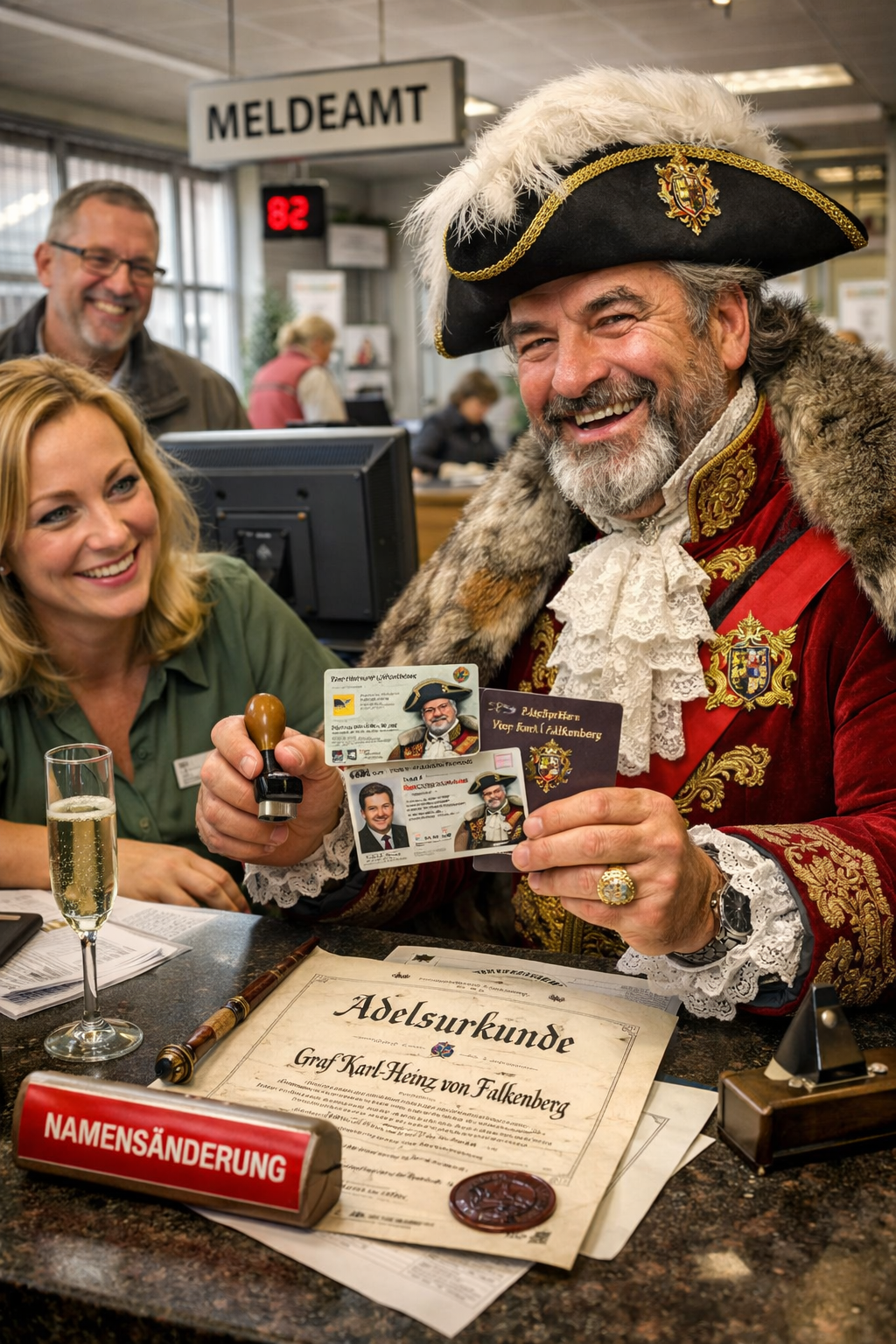 Ein Mann in einem aufwändigen historischen Kostüm und Hut, der Dokumente und einen Stempel in der Hand hält, lächelt an einem Serviceschalter neben einer glücklichen Frau. Auf dem Schreibtisch liegt eine Urkunde mit der Aufschrift Adelsurkunde, die auf die Adelstitel Rangordnung verweist; im Hintergrund sind zwei Personen zu sehen. | adelstitel-kaufen.com