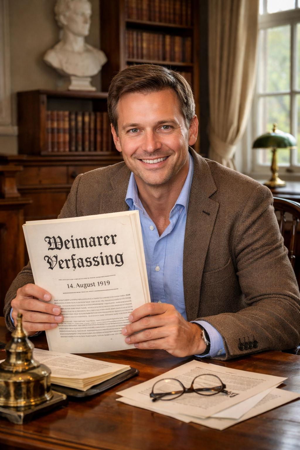 Ein lächelnder Mann in einem braunen Blazer sitzt an einem Schreibtisch in einem Arbeitszimmer und hält ein Dokument mit dem Titel Weimarer Verfassung 14. August 1919, das sich auf die historische Weimarer Verfassung bezieht. Hinter ihm sind Bücherregale, Papierkram, eine Lesebrille und eine Lampe zu sehen. | adelstitel-kaufen.com