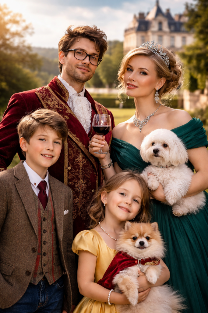 Eine gut gekleidete Familie posiert im Freien; der Baron hält ein Weinglas, die Baronin mit einem Diadem hält einen weißen Hund, und zwei Kinder stehen davor, eines mit einem kleinen flauschigen Hund. Im Hintergrund ist ein großes Gebäude zu sehen. | adelstitel-kaufen.com