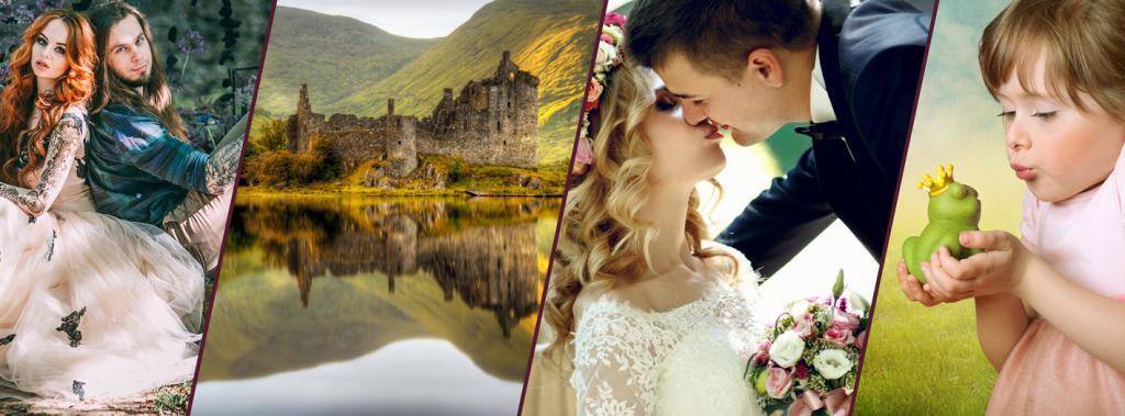 Vier vertikale Abschnitte: ein Paar in Fantasiekostümen, ein malerisches Schloss an einem See, ein Brautpaar, das sich bei der Hochzeit küsst, und ein junges Mädchen, das auf einen Frosch bläst, der eine kleine Krone trägt. | adelstitel-kaufen.com