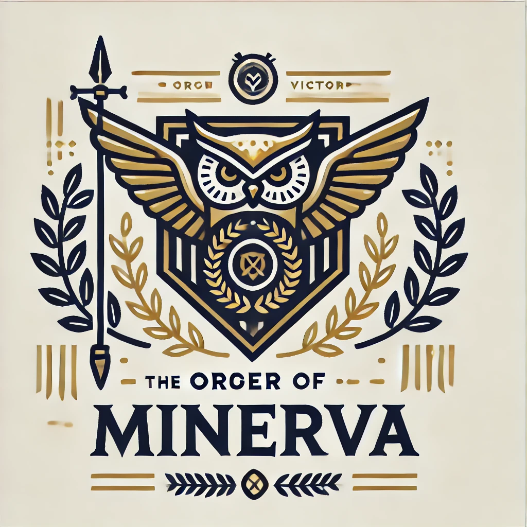 Ein stilisiertes Emblem mit einer Eule mit ausgebreiteten Flügeln, Lorbeerzweigen, einem Speer und Schildelementen. Der Text lautet "Der Orden der Minerva" mit komplizierten goldenen und schwarzen Details, die an die Ehre eines Konsuls oder Ritters erinnern. | adelstitel-kaufen.com