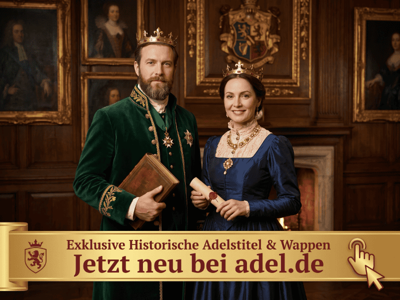 Ein Mann und eine Frau in königlichen Kostümen stehen in einem prunkvollen Raum mit Porträts. Der Text lautet: „Exklusive historische Adelstitel & Wappen. Jetzt neu bei adel.de“ – dazu ein Kronenlogo und eine klickende Hand. | adelstitel-kaufen.com