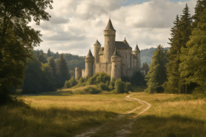 Eine große Steinburg mit mehreren runden Türmen und spitzen Dächern steht inmitten eines dichten grünen Waldes, der an ein historisches Porträt erinnert, und ein gewundener Feldweg führt unter einem teilweise bewölkten Himmel zu ihr hinauf. | adelstitel-kaufen.com
