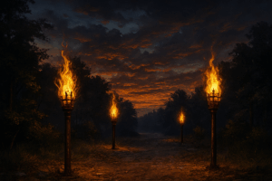Vier große Fackeln säumen einen unbefestigten Weg durch einen dunklen Wald in der Abenddämmerung und werfen warmes Licht wie ein historisches Porträt. Dramatische Wolken, die von der untergehenden Sonne orange gefärbt sind, füllen den Himmel. Schatten und Bäume umrahmen den beleuchteten Weg. | adelstitel-kaufen.com