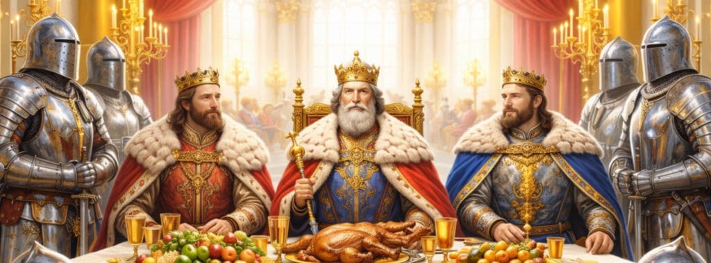 Ein König sitzt mit zwei Prinzen an einer üppigen Festtafel, alle in Kronen und königlichen Gewändern, umgeben von gepanzerten Rittern - ein Bild, das die Entwicklung des Adels widerspiegelt - inmitten einer Fülle von Speisen in einem großen, mit Kerzen beleuchteten Saal. | adelstitel-kaufen.com