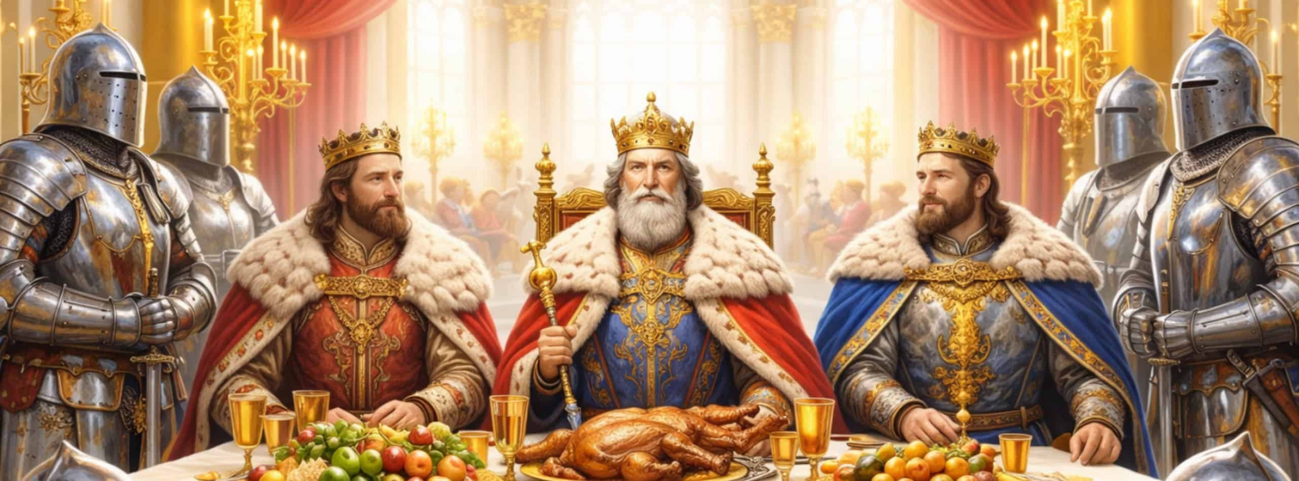 Ein König sitzt mit zwei Prinzen an einer üppigen Festtafel, alle in Kronen und königlichen Gewändern, umgeben von gepanzerten Rittern - ein Bild, das die Entwicklung des Adels widerspiegelt - inmitten einer Fülle von Speisen in einem großen, mit Kerzen beleuchteten Saal. | adelstitel-kaufen.com