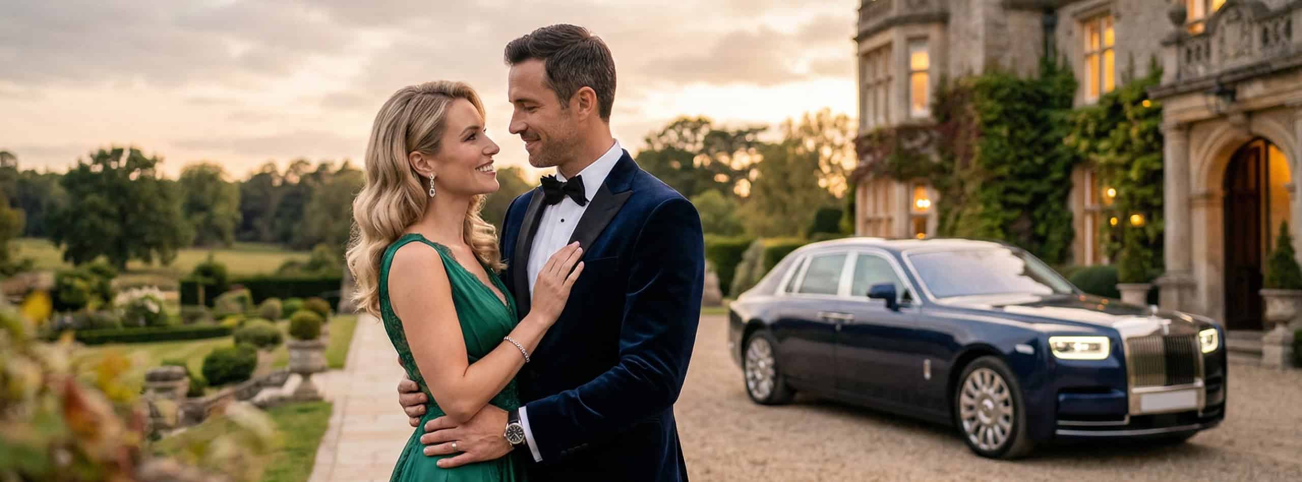 Ein gut gekleidetes Paar umarmt sich und lächelt sich an, während die Sonne untergeht und ein Luxusauto in der Einfahrt parkt - eine Szene, die an die Eleganz der Weimarer Republik erinnert. | adelstitel-kaufen.com