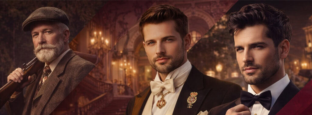 Drei Männer in klassischer Kleidung stehen vor einem eleganten, warm beleuchteten Hintergrund; ein älterer Mann hält ein Gewehr, während zwei jüngere Männer in Smoking und Fliege - einer trägt eine dekorative Medaille - die Geschichte des Adels und des sozialen Wandels widerspiegeln. | adelstitel-kaufen.com