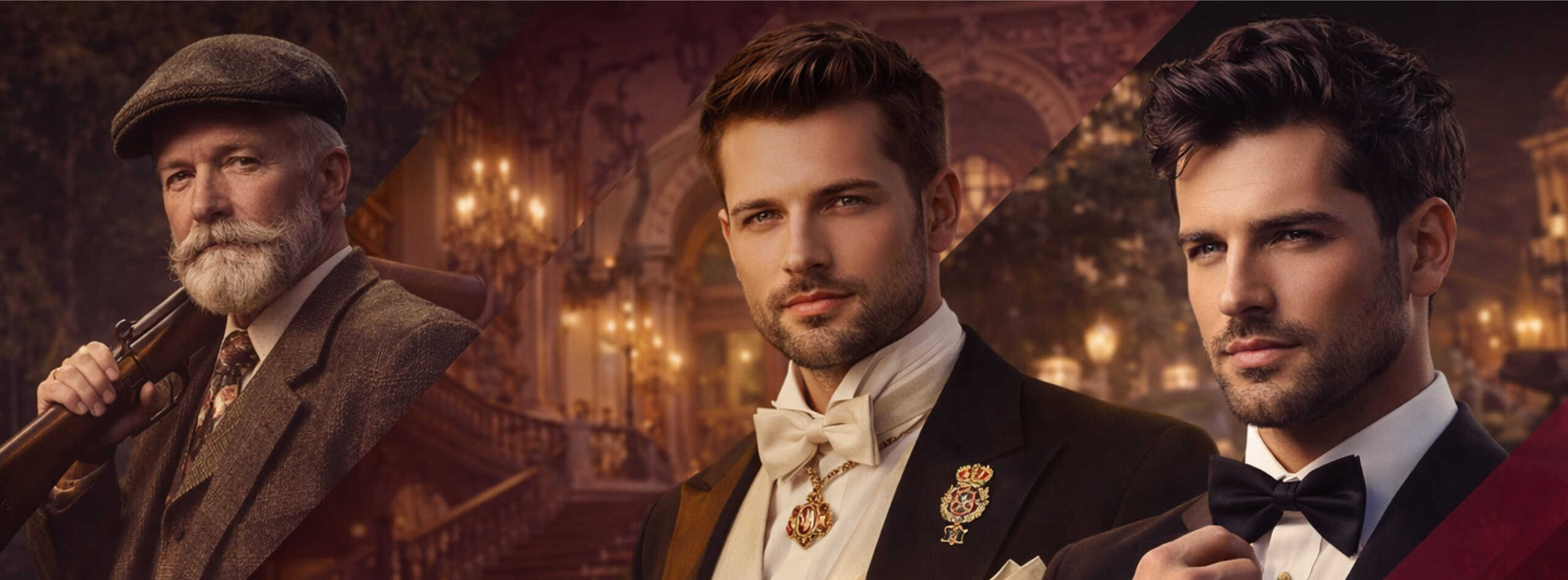 Drei Männer in klassischer Kleidung stehen vor einem eleganten, warm beleuchteten Hintergrund; ein älterer Mann hält ein Gewehr, während zwei jüngere Männer in Smoking und Fliege - einer trägt eine dekorative Medaille - die Geschichte des Adels und des sozialen Wandels widerspiegeln. | adelstitel-kaufen.com