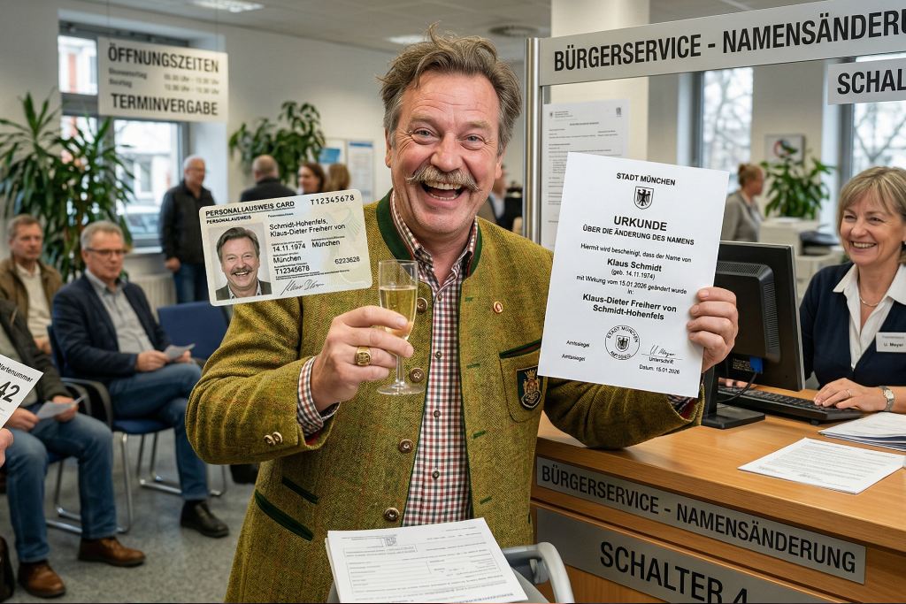 Ein lächelnder Mann in traditioneller Kleidung hält ein Glas Sekt, sein neues Adelstitel-Zertifikat und einen Ausweis an einem Serviceschalter. In der Nähe sitzen Büroangestellte und andere Personen, in der Umgebung sind Schilder zur Adelstitel-Rangordnung aufgestellt. | adelstitel-kaufen.com
