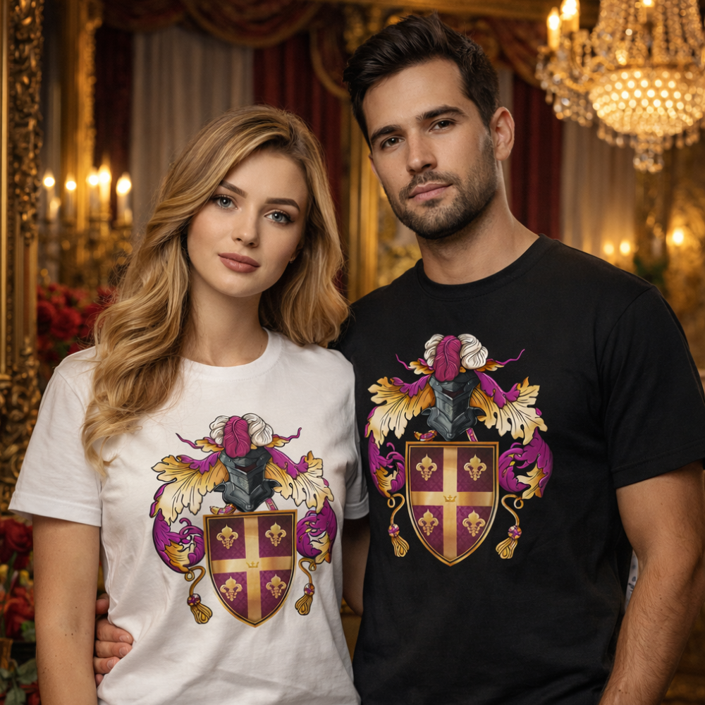 Eine Frau und ein Mann stehen nebeneinander, jeder trägt stolz das Edles Shirt mit eigenem Wappen und posiert in einem eleganten Raum, der mit Kronleuchtern, goldgerahmten Spiegeln und luxuriösen Vorhängen geschmückt ist. | adelstitel-kaufen.com