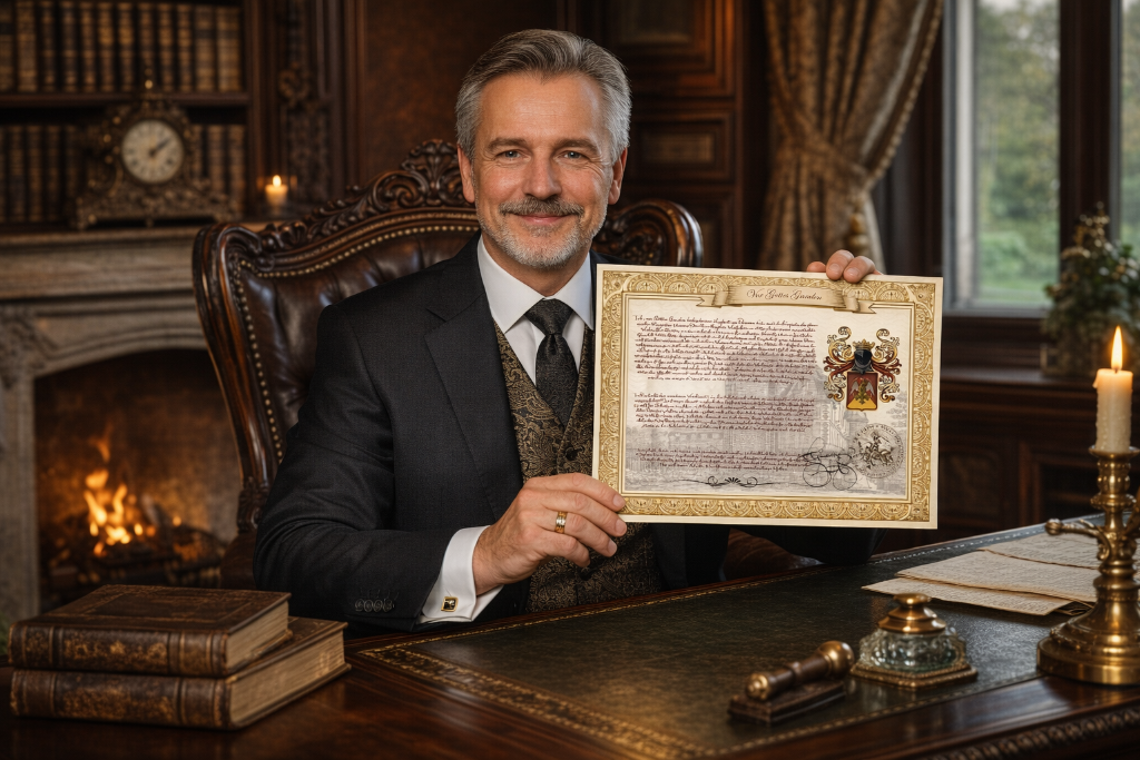 Ein lächelnder Mann im Anzug sitzt an einem verzierten Schreibtisch in einem reich geschmückten Arbeitszimmer und hält eine beleuchtete Urkunde von Adel.de mit einem Wappen hoch. Alte Bücher, eine Kerze und klassisches Dekor umgeben ihn - und zelebrieren einzigartige Titel. | adelstitel-kaufen.com