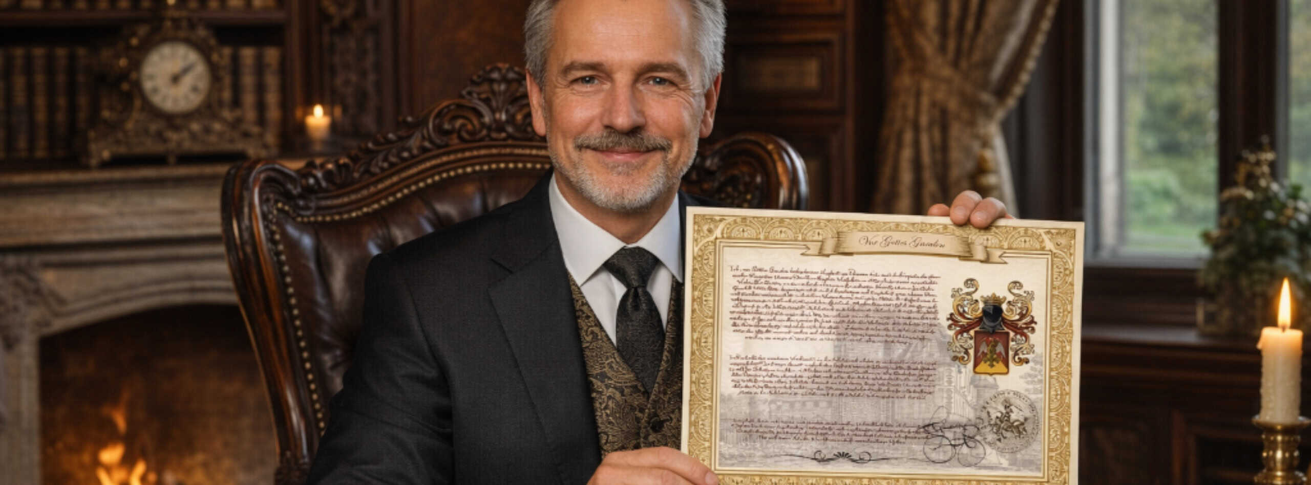 Ein lächelnder Mann im Anzug sitzt in einem verzierten Raum und hält stolz eine dekorative Urkunde von Adelstitel kaufen - adel.de Einzigartige Titel, die ein Wappen, einen gotischen Text und Unterschriften enthält. Bücherregale, ein Kamin und Kerzen vervollständigen das elegante Ambiente. | adelstitel-kaufen.com