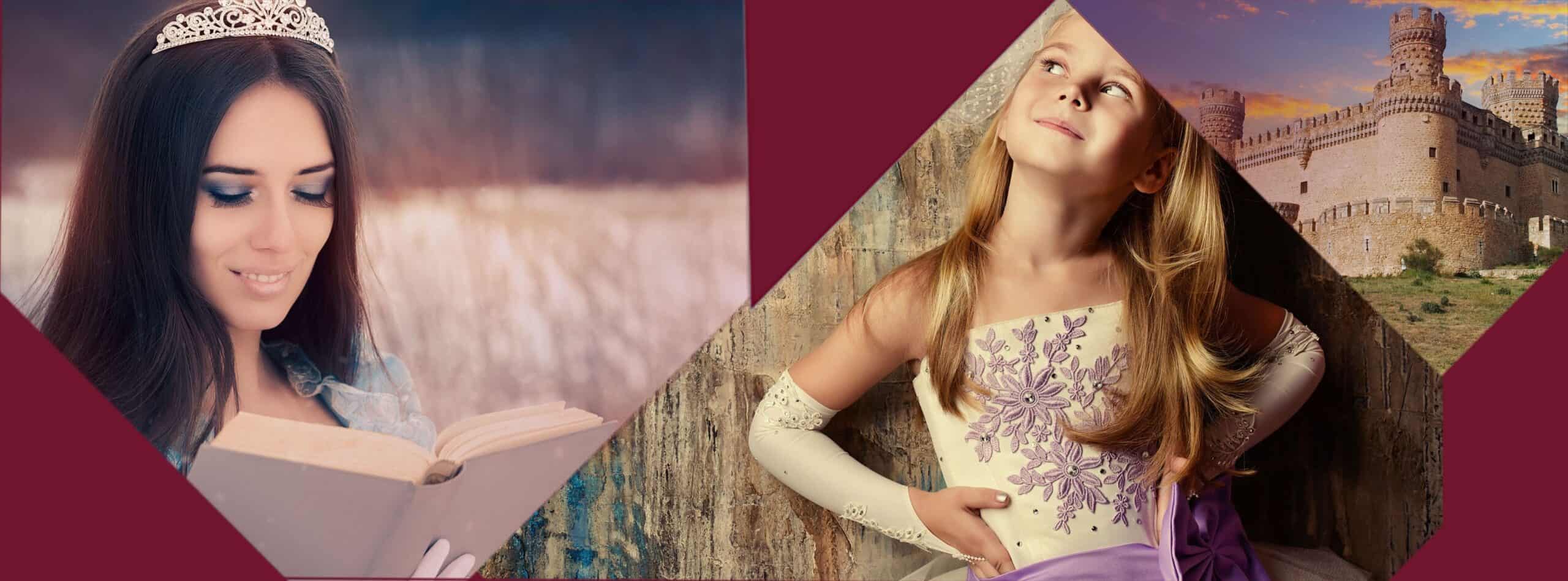 Eine junge Frau, die ein Diadem trägt, liest im Freien ein Buch; neben ihr steht ein Adeliges Kind in einem lila-weißen Kleid und blickt stolz nach oben, mit einem Schloss im Hintergrund - eine bezaubernde Szene, in der man Adelstitel kaufen könnte. | adelstitel-kaufen.com