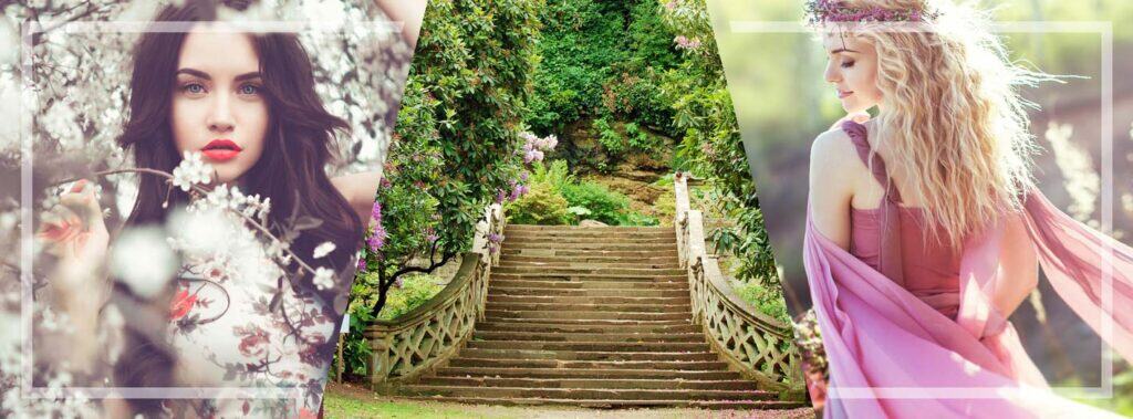 Drei Bilder: eine Frau mit dunklem Haar inmitten weißer Blüten, eine zentrale Ansicht einer Steintreppe, umgeben von üppigem Grün und Blumen, und eine blonde Frau in einem rosa Kleid und einer Blumenkrone - perfekte Szenen, um Adelstitel zu kaufen und stilvoll Titel zu tragen. | adelstitel-kaufen.com