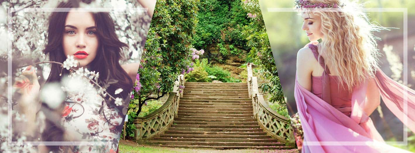 Drei Bilder: eine Frau mit dunklem Haar inmitten weißer Blüten, eine zentrale Ansicht einer Steintreppe, umgeben von üppigem Grün und Blumen, und eine blonde Frau in einem rosa Kleid und einer Blumenkrone - perfekte Szenen, um Adelstitel zu kaufen und stilvoll Titel zu tragen. | adelstitel-kaufen.com