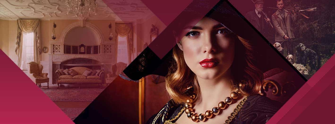 Eine Frau mit rotem Lippenstift und einer Perlenkette posiert in Vintage-Kleidung und strahlt die Anmut eines Adelstitels aus. Im Hintergrund steht ein eleganter Raum mit kunstvollem Dekor im Kontrast zu Männern mit Jagdhunden in einem bewaldeten Gebiet. Geometrische Formen überlagern das Bild. | adelstitel-kaufen.com