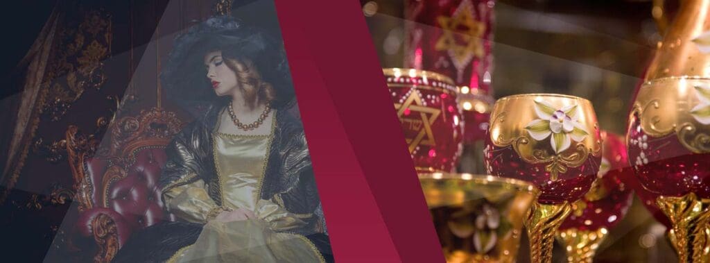 Eine Frau in einem reich verzierten goldenen Kleid und einem großen Hut sitzt auf einem geschmückten Stuhl. Neben ihr erwecken rot-goldene Kelche mit Davidstern-Symbolen und floralen Mustern edle Eleganz - perfekt für alle, die Adelstitel kaufen - Eigenes Wappen stolz zeigen wollen. | adelstitel-kaufen.com