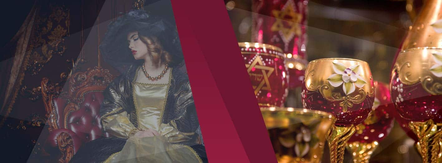 Eine Frau in einem reich verzierten goldenen Kleid und einem großen Hut sitzt auf einem geschmückten Stuhl. Neben ihr erwecken rot-goldene Kelche mit Davidstern-Symbolen und floralen Mustern edle Eleganz - perfekt für alle, die Adelstitel kaufen - Eigenes Wappen stolz zeigen wollen. | adelstitel-kaufen.com