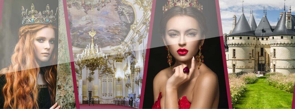 Eine Collage zeigt eine rothaarige Frau mit einer Krone, eine verzierte Palastdecke, einen prunkvollen Ballsaal mit Kronleuchtern, eine Frau mit roten Lippen und Krone und ein steinernes Schloss - ein Ambiente, in dem man von Adelstitel kaufen - Herzog Titel träumen könnte. | adelstitel-kaufen.com