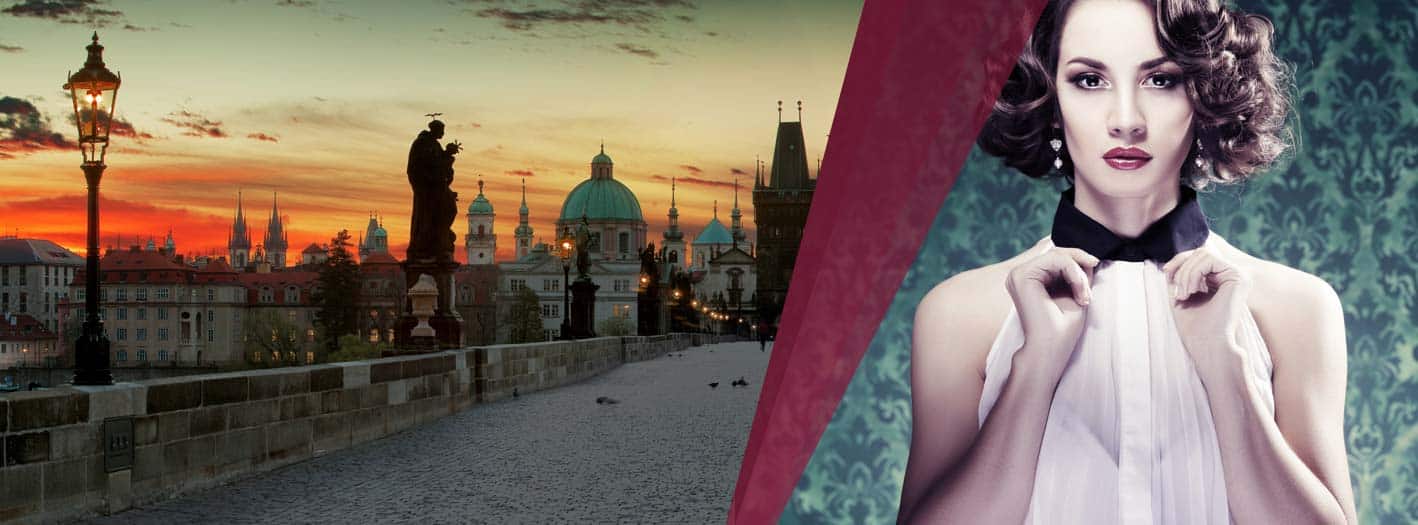 Ein geteiltes Bild, das eine malerische Ansicht einer europäischen Stadt bei Sonnenuntergang mit historischen Gebäuden und Statuen auf einer Brücke zeigt, und eine glamouröse Frau mit Vintage-Makeup, die vor einem gemusterten Hintergrund posiert - perfekt für alle, die davon träumen, Adelstitel zu kaufen - Schottland Laird & Lady. | adelstitel-kaufen.com