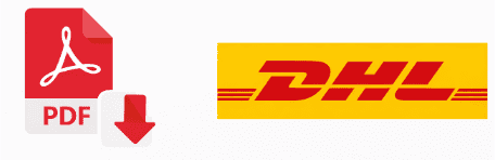 PDF-Dateisymbol mit einem nach unten zeigenden roten Pfeil auf der linken Seite, der Versand oder Zahlung symbolisiert, und dem DHL-Logo mit rotem Text auf gelbem Hintergrund auf der rechten Seite. | adelstitel-kaufen.com