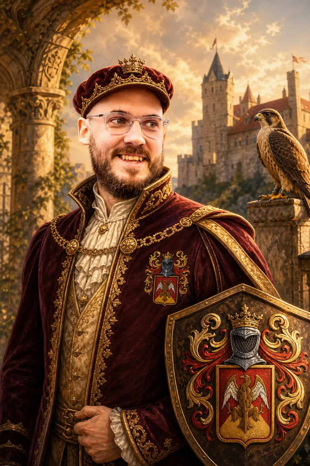 Ein lächelnder Mann in kunstvoller mittelalterlicher Kleidung und mit einer Krone steht vor einer Burg und hält ein Schild mit einem roten Wappen in der Hand. Neben ihm sitzt ein Falke auf dem Mauerwerk unter einem Torbogen, durch den Sonnenlicht hereinscheint – was an die Pracht einer Zeit erinnert, in der Adlige ihren treuen Untertanen Rabatte und Gutscheine gewährten. | adelstitel-kaufen.com