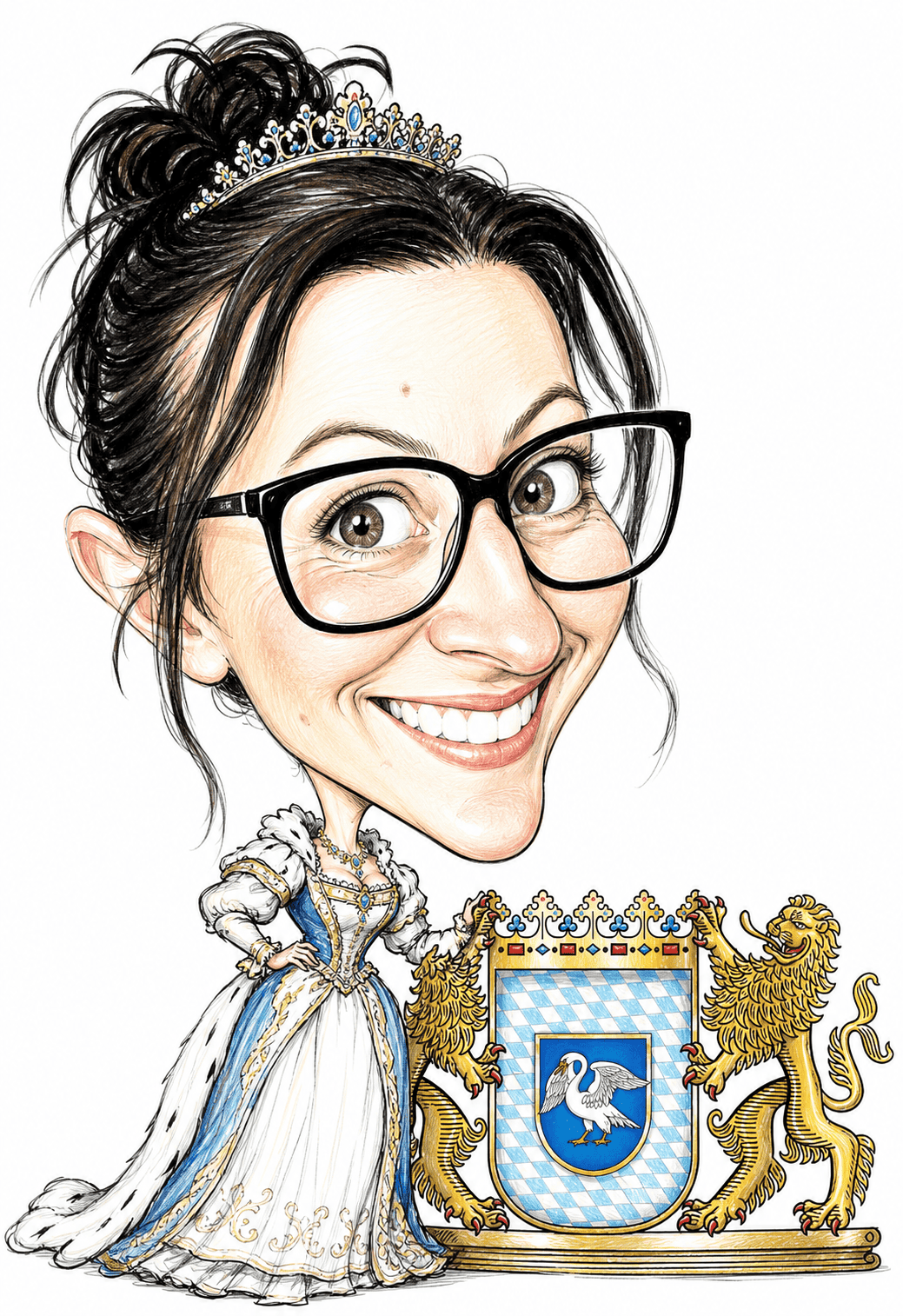 Karikatur einer lächelnden Frau mit Brille, die ein königliches Gewand und eine Tiara trägt und neben einem blau-goldenen Wappenschild steht, das von zwei Löwen flankiert wird – sie hält anmutig Schriftrollen mit den Aufschriften „Rabatte“ und „Gutscheine“ in den Händen, die ihre Herrschaft über Sonderangebote symbolisieren. | adelstitel-kaufen.com