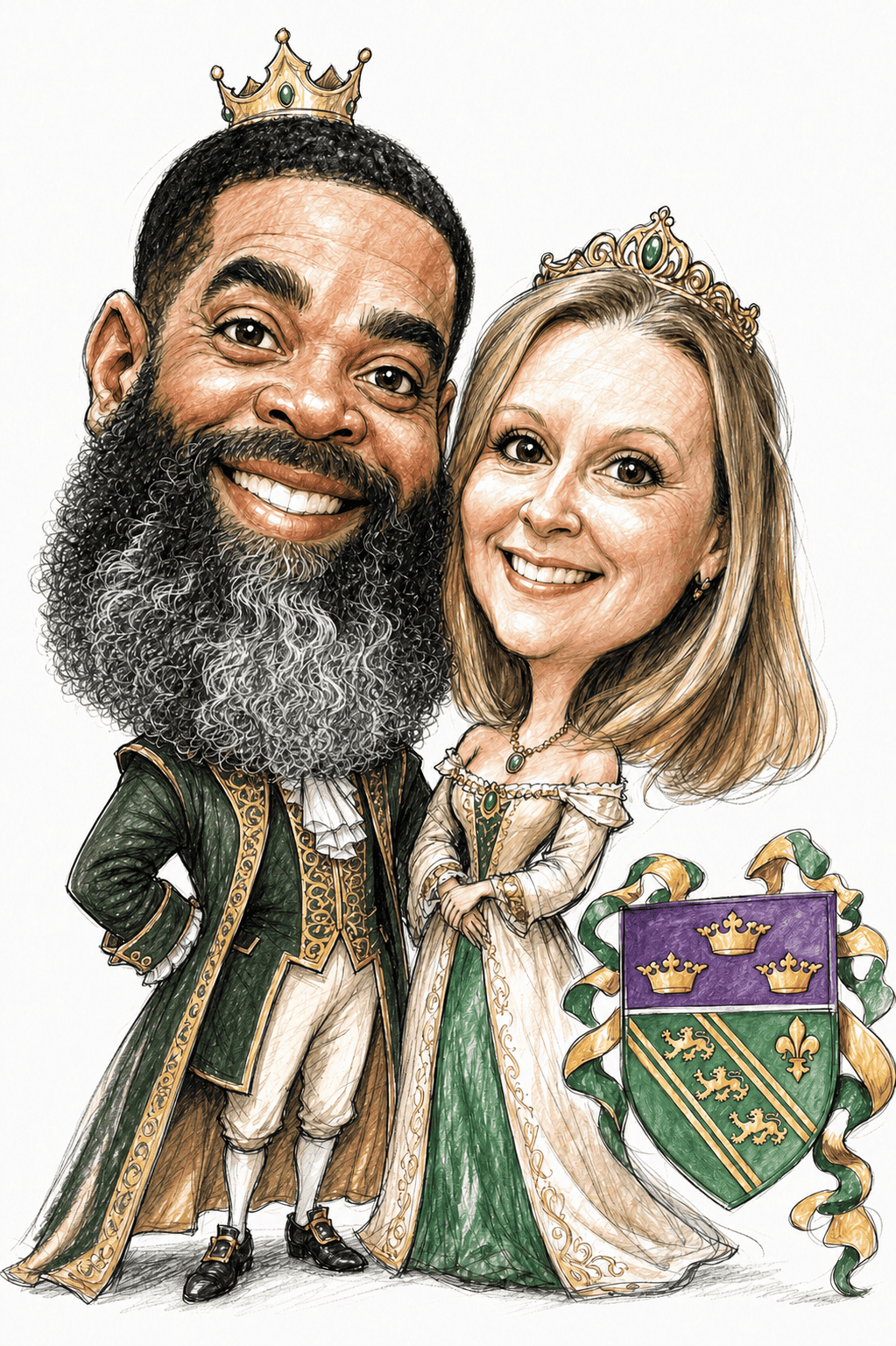 Karikatur eines lächelnden, bärtigen Mannes und einer Frau, die Kronen und königliche Gewänder tragen; sie stehen nebeneinander vor einem grün-goldenen Wappen und halten Schriftrollen in den Händen, auf denen „Rabatte“ und „Gutscheine“ zu lesen ist. | adelstitel-kaufen.com