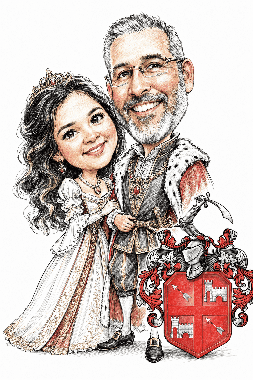 In einer detailreichen Karikatur ist ein lächelndes Paar in königlicher Kleidung dargestellt, wobei der Mann ein rotes Schild mit Burgsymbolen und ein Schwert in der Hand hält. Beide tragen elegante mittelalterliche Gewänder und Kronen und sehen aus, als wären sie bereit, ihren treuen Untertanen exklusive Rabatte und Gutscheine zu gewähren. | adelstitel-kaufen.com