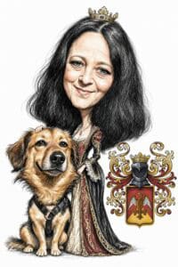 Eine verspielte Karikatur-Illustration aus „Adlige Karikatur“ zeigt eine Adlige in einem mittelalterlichen Gewand und mit einer Krone, die neben ihrem Hund steht und ihm sanft die Hand auf den Kopf legt, während daneben ein verziertes Familienwappen mit einem Adler zu sehen ist – ein Bild, das die vornehme Eleganz der Szene perfekt einfängt. | adelstitel-kaufen.com