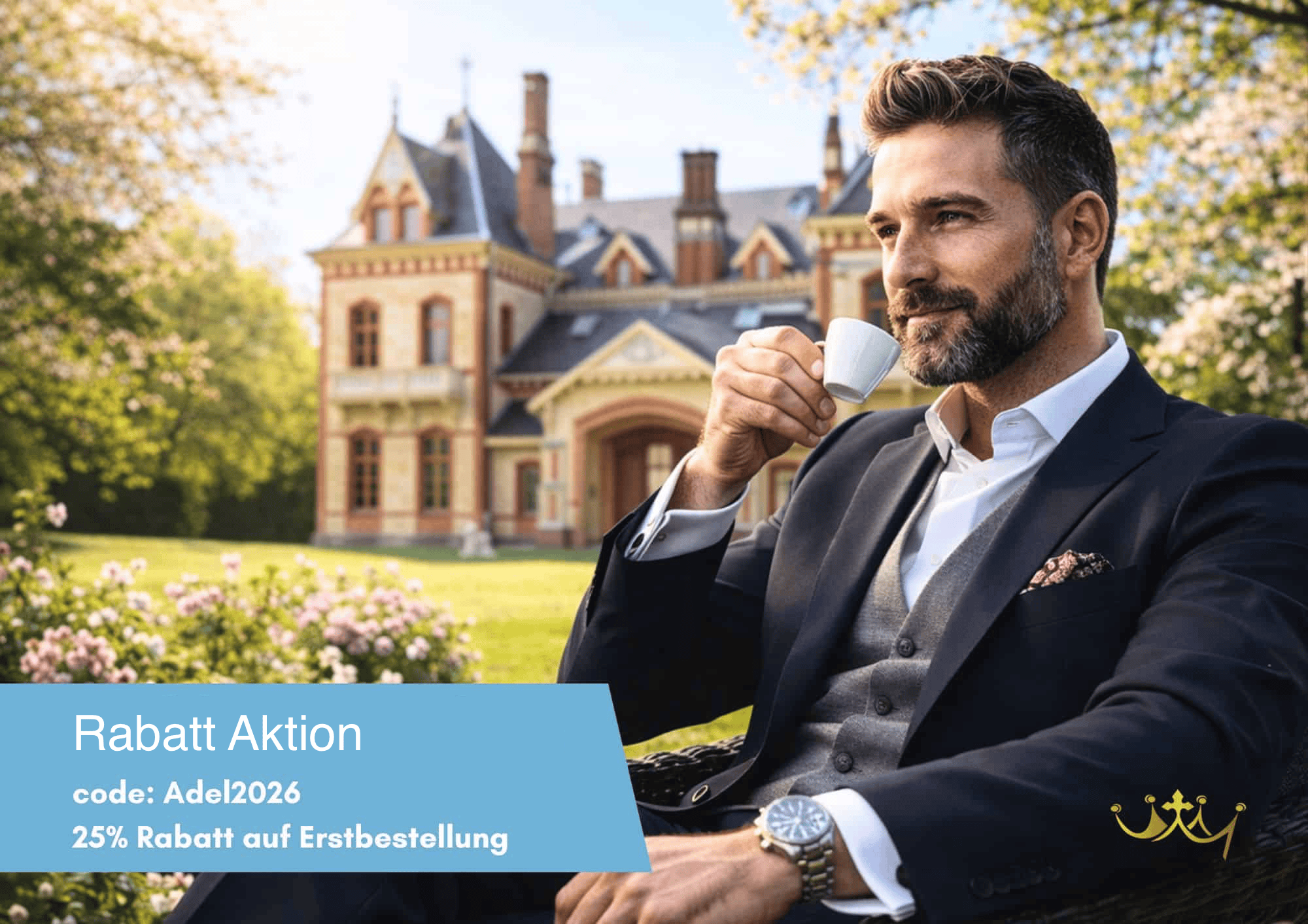 Ein gut gekleideter Mann nippt in einem Garten an einem Espresso, im Hintergrund ist eine prächtige Villa zu sehen. Der Text wirbt mit 25 % Rabatt auf Erstbestellungen bei Verwendung des Codes „Adel2026“. Blumen und Sonnenlicht schaffen eine elegante, luxuriöse Kulisse, die die Gäste dazu einlädt, in diesem stilvollen Ambiente exklusive Gutscheine zu genießen. | adelstitel-kaufen.com