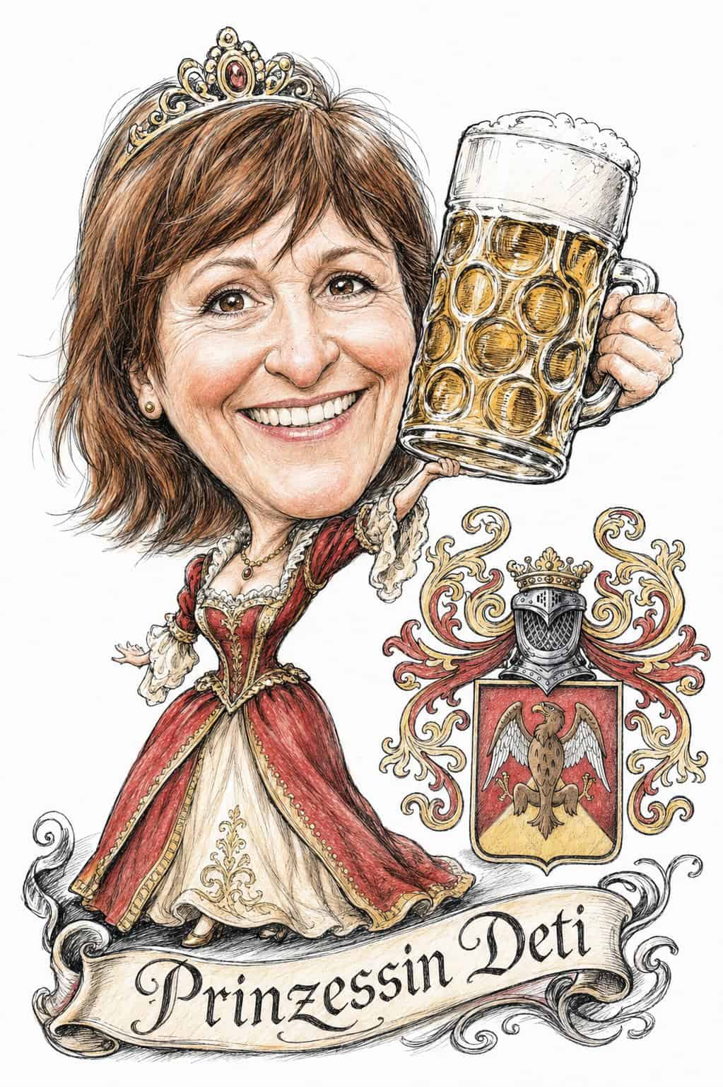 Eine Comicfigur in einem roten Prinzessinnenkleid und mit einer Krone lächelt und hält einen großen Bierkrug in der Hand. Neben ihr ist ein Familienwappen mit einem Drachen zu sehen, während auf einem Banner „Prinzessin Deti“ steht. Es wird auf spezielle Gutscheine und Rabatte angespielt, was der festlichen Szene eine verspielte Note verleiht. | adelstitel-kaufen.com