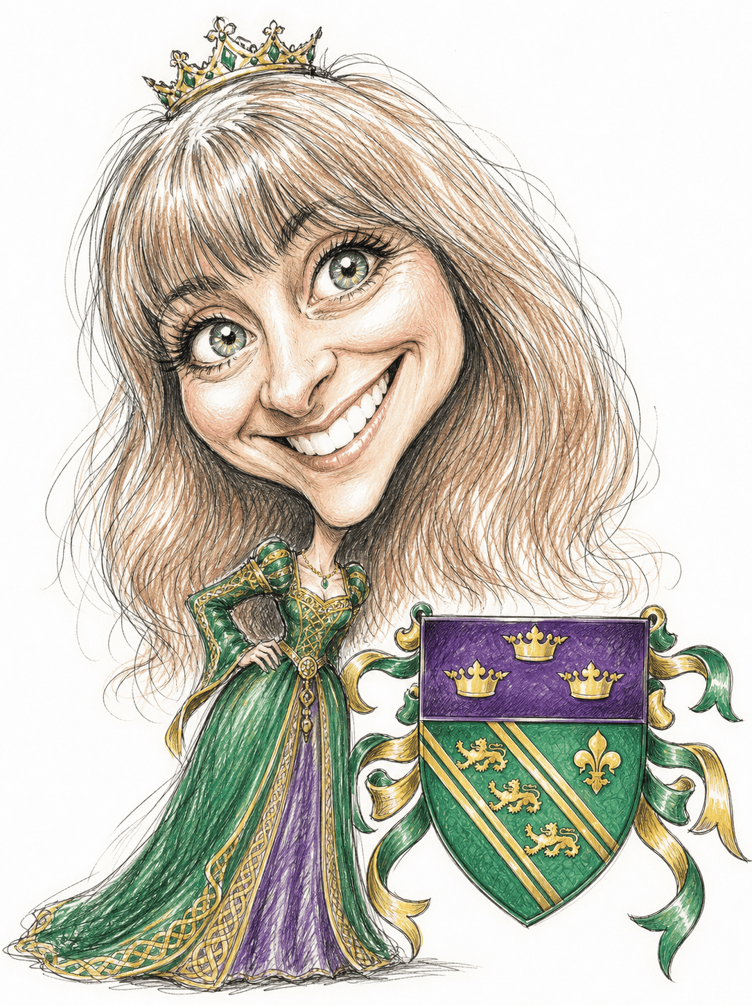 Karikatur einer lächelnden Frau mit Krone und langen Haaren, die ein grün-lila Kleid im mittelalterlichen Stil trägt. Sie steht neben einem grün-lila Wappenschild mit Kronen und Lilien und präsentiert stolz besondere Rabatte und Gutscheine, die eines Königshauses würdig sind. | adelstitel-kaufen.com