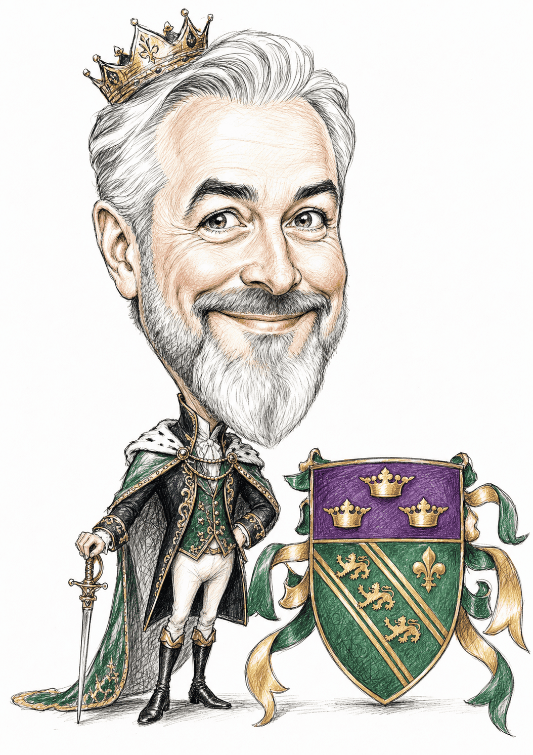 Ein lächelnder Mann mit grauen Haaren und Bart, der eine Krone und königliche Gewänder trägt, hält ein Schwert in der Hand und steht neben einem grün-violetten Wappen mit Kronen, Löwen und Lilien, das mit goldenen und grünen Bändern verziert ist – Symbole, die an Rabatte und Gutscheine erinnern, die eines Königs würdig sind. | adelstitel-kaufen.com