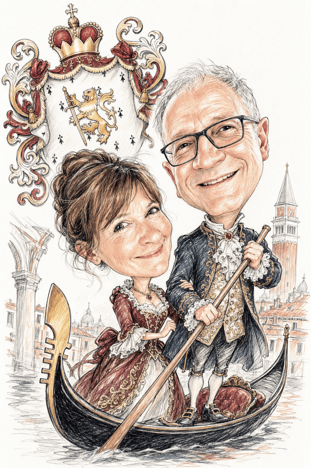 Eine Karikatur eines lächelnden Paares in venezianischen Kostümen auf einer Gondel, im Hintergrund ein Palast und ein kunstvolles Familienwappen. Der Mann rudert, beide haben überzeichnete Gesichtszüge, und verspielte Banner an der Gondel werben mit „exklusiven Rabatten und Gutscheinen“ für Ihr nächstes romantisches Abenteuer. | adelstitel-kaufen.com
